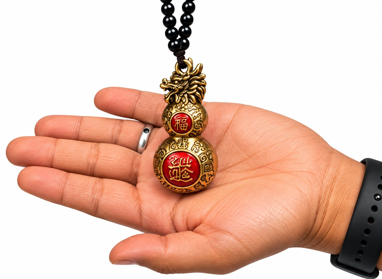 Talizman „Long Hu Lu” – Smocza Tykwa – mosiężny amulet z głową smoka i czerwonymi medalionami