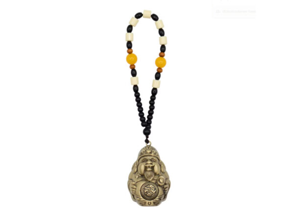 Talizman „Cai Shen” – Bóg Bogactwa – chiński amulet wiszący z dekoracyjnym sznurem koralików